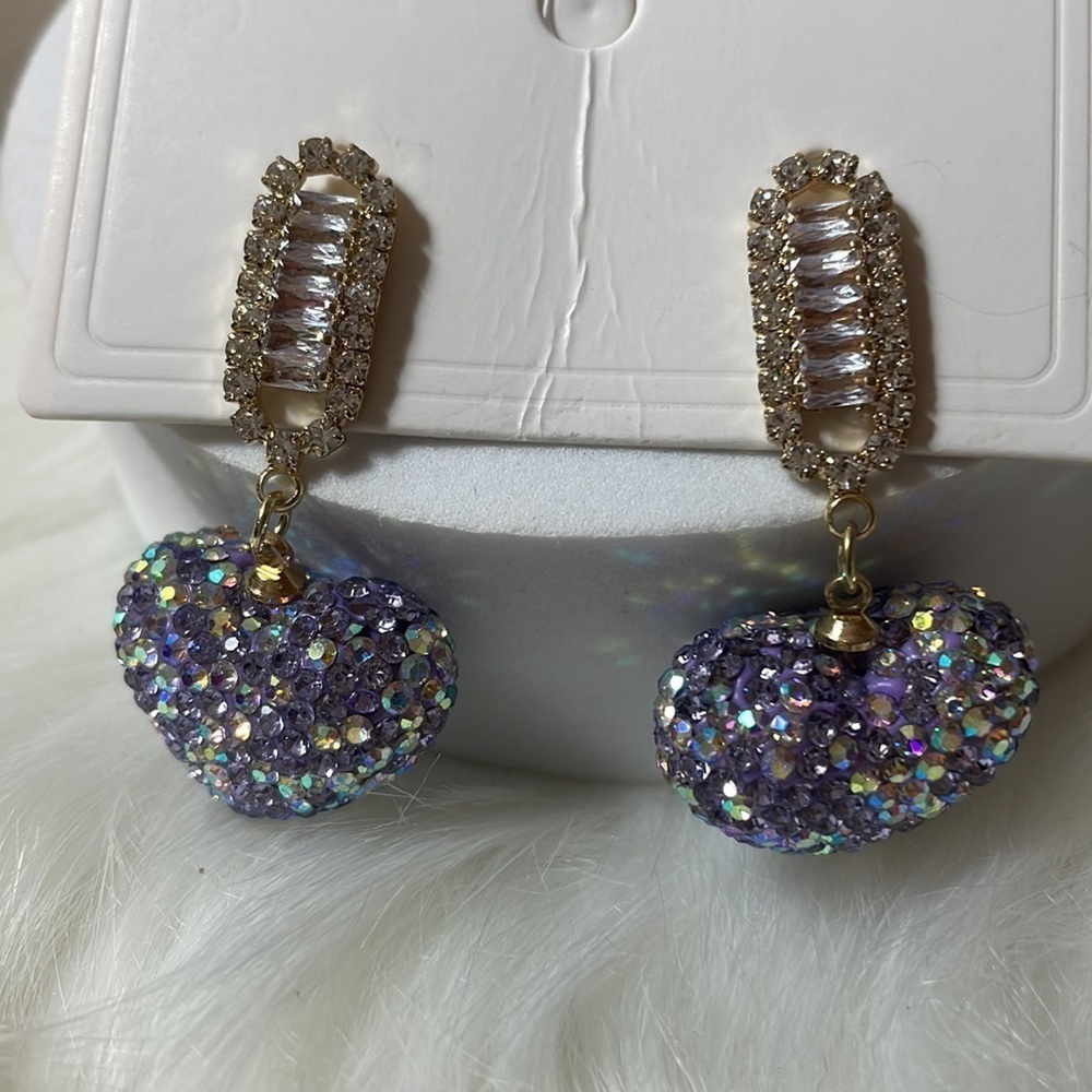 Purple Heart Rhinestone Drop Earrings - Picture 10 of 12